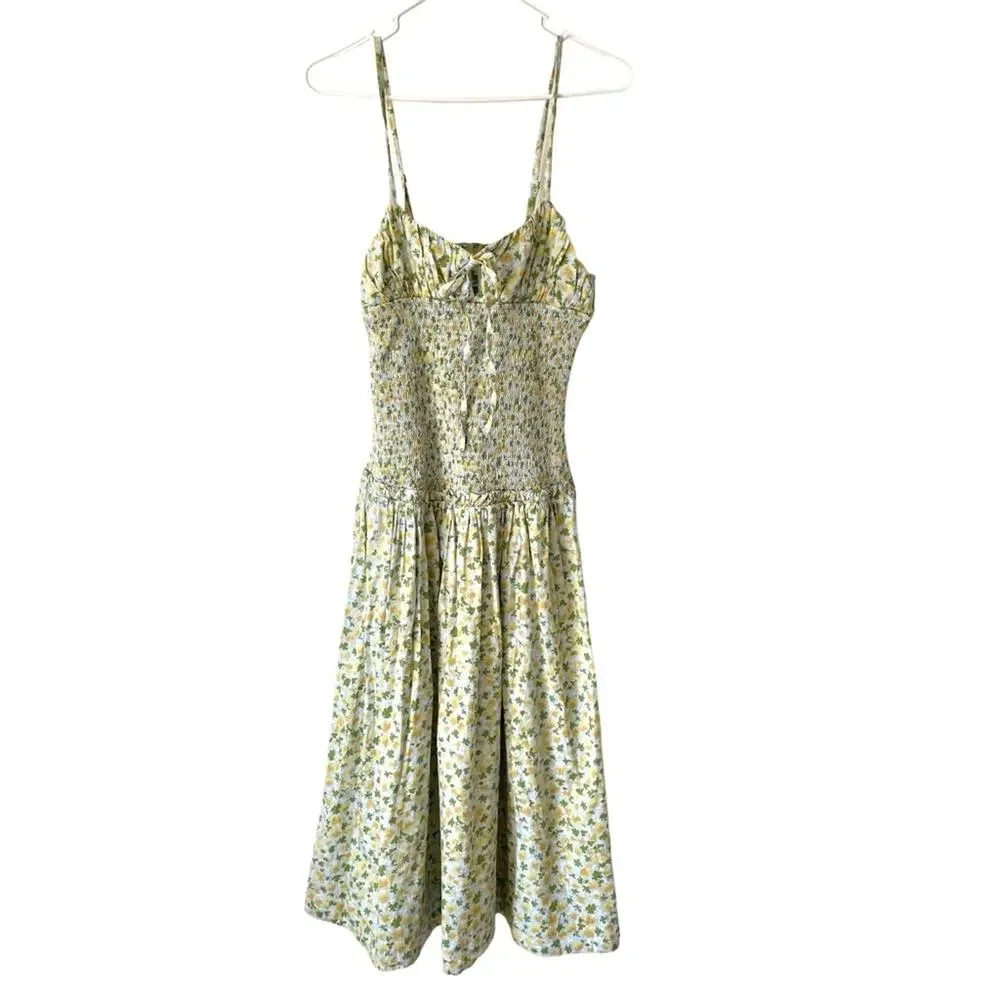 Free People Lavender Daze Smocked Floral Midi Dress XS Cream Yellow Green